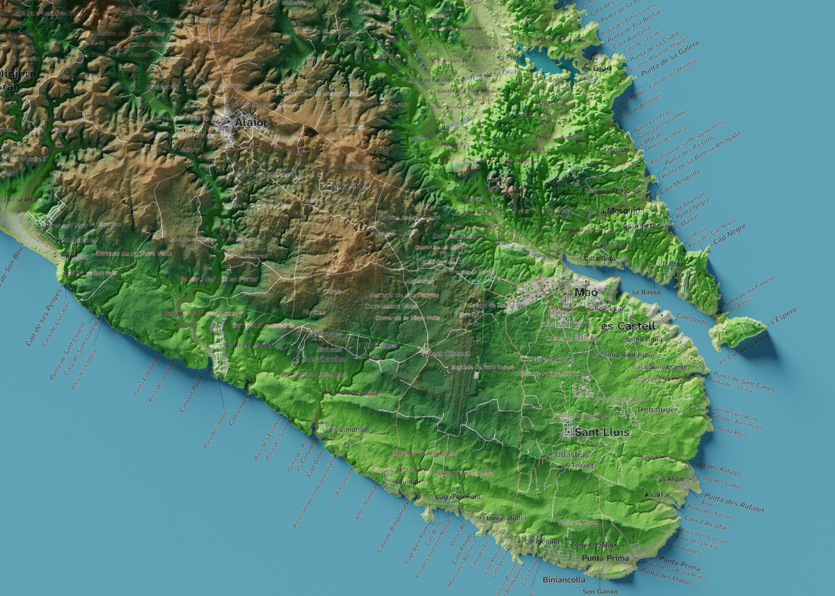 Edició octubre 2026 · Mapa topogràfic de Menorca, Clàssic, 50 × 70 cm: detall de la costa sud-est.