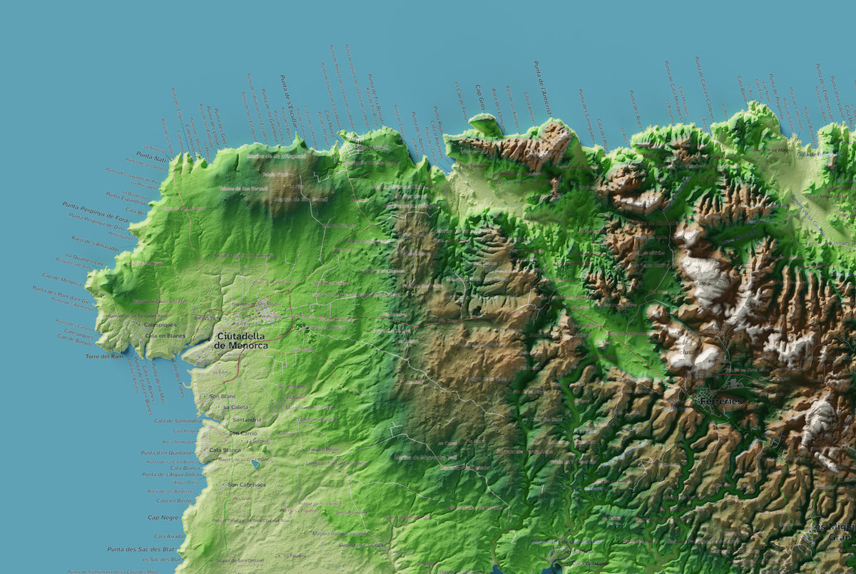 Edició octubre 2026 · Mapa topogràfic de Menorca, Clàssic, 61 × 91 cm: detall de la costa nord-oest.