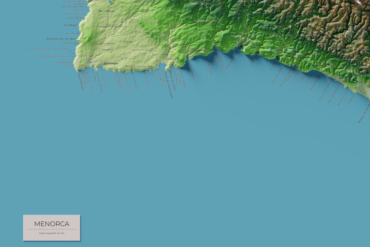 Edició octubre 2026 · Mapa topogràfic de Menorca, Clàssic, 61 × 91 cm: detall de la costa sud-oest.
