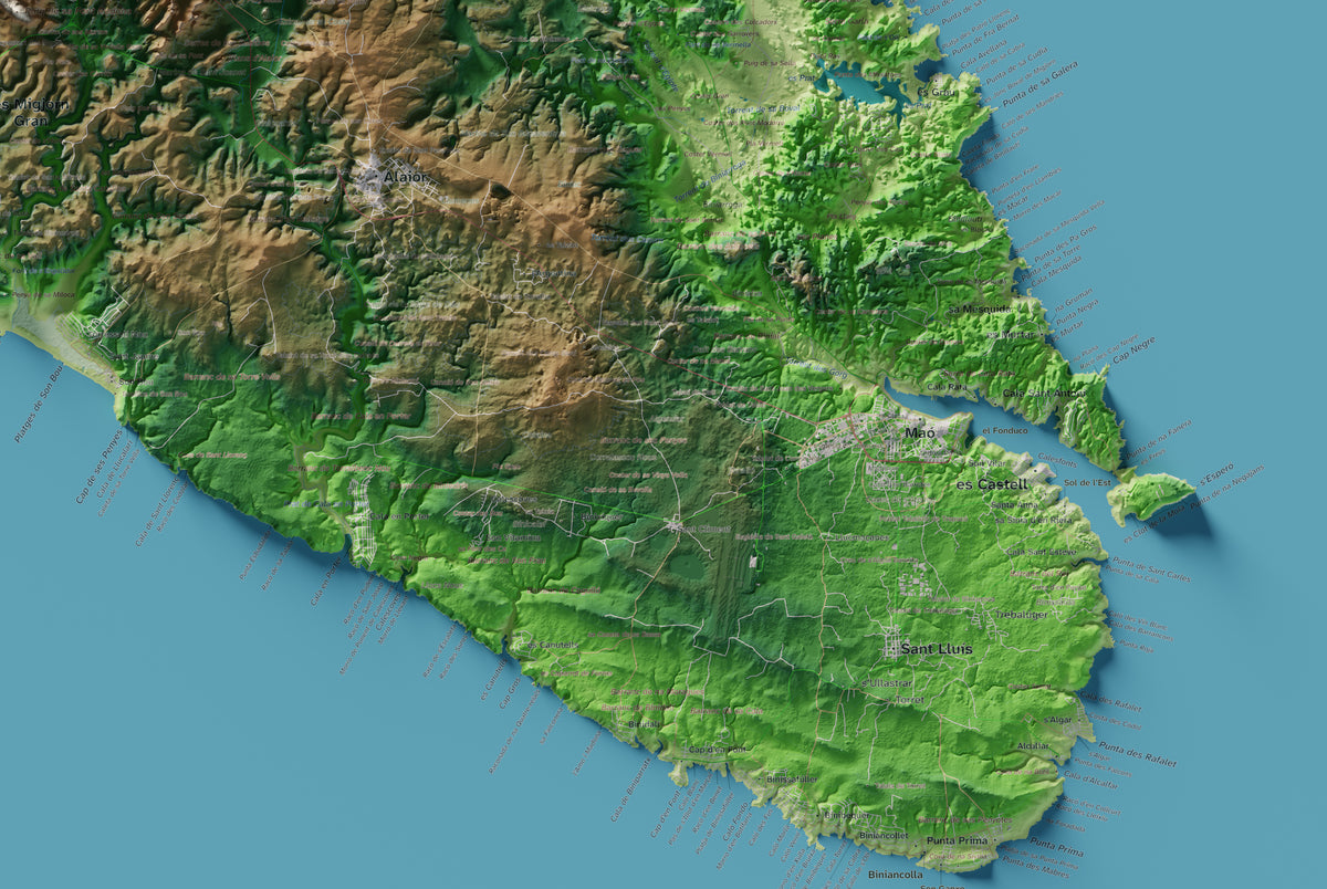 Edició octubre 2026 · Mapa topogràfic de Menorca, Clàssic, 61 × 91 cm: detall de la costa sud-est.