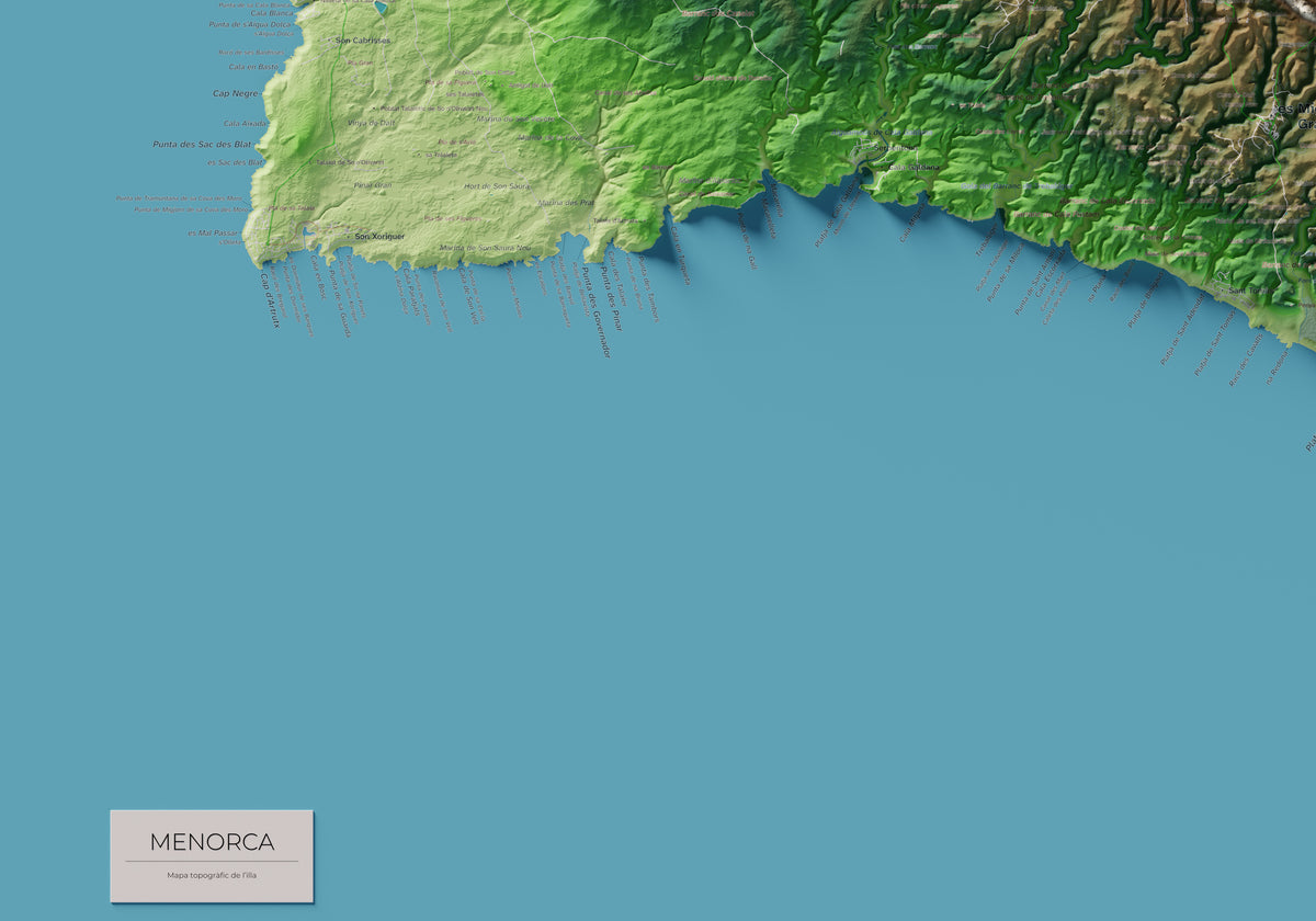 Edició octubre 2026 · Mapa topogràfic de Menorca, Clàssic, 70 × 100 cm: detall de la costa sud-oest.