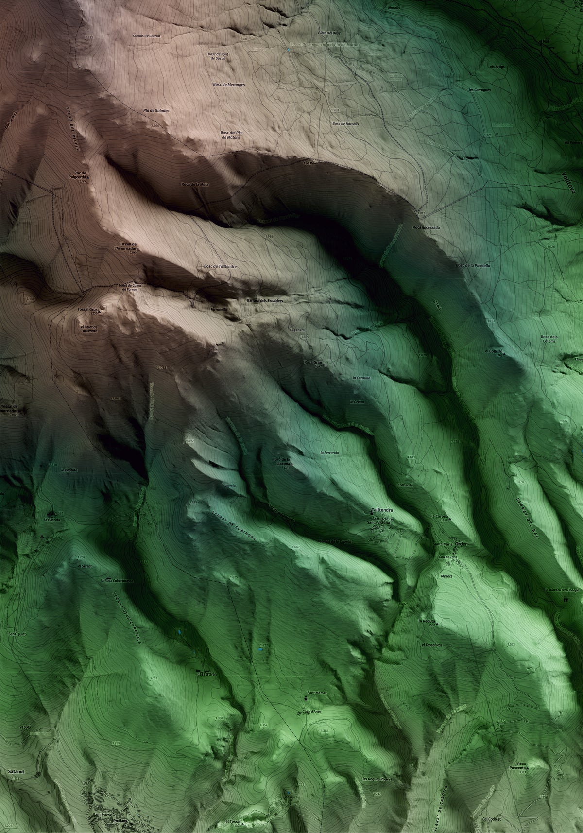 Mapa artístico del relieve de Meranges, a la Cerdanya, con 15 km de entorno y base topográfica ICGC. Detalle de la zona inferior izquierda.