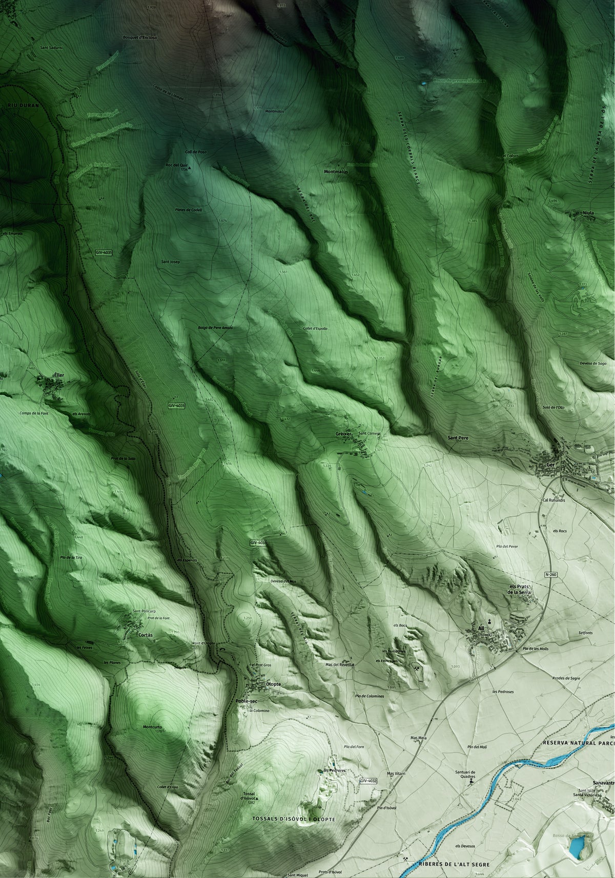Mapa artístico del relieve de Meranges, a la Cerdanya, con 15 km de entorno y base topográfica ICGC. Detalle de la zona inferior derecha.