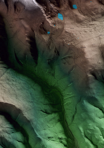Mapa artístico del relieve de Meranges, a la Cerdanya, con 15 km de entorno y base topográfica ICGC. Detalle de la zona central.