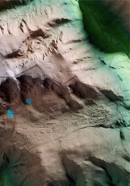 Mapa artístico del relieve de Meranges, a la Cerdanya, con 15 km de entorno y base topográfica ICGC. Detalle de la zona superior derecha.