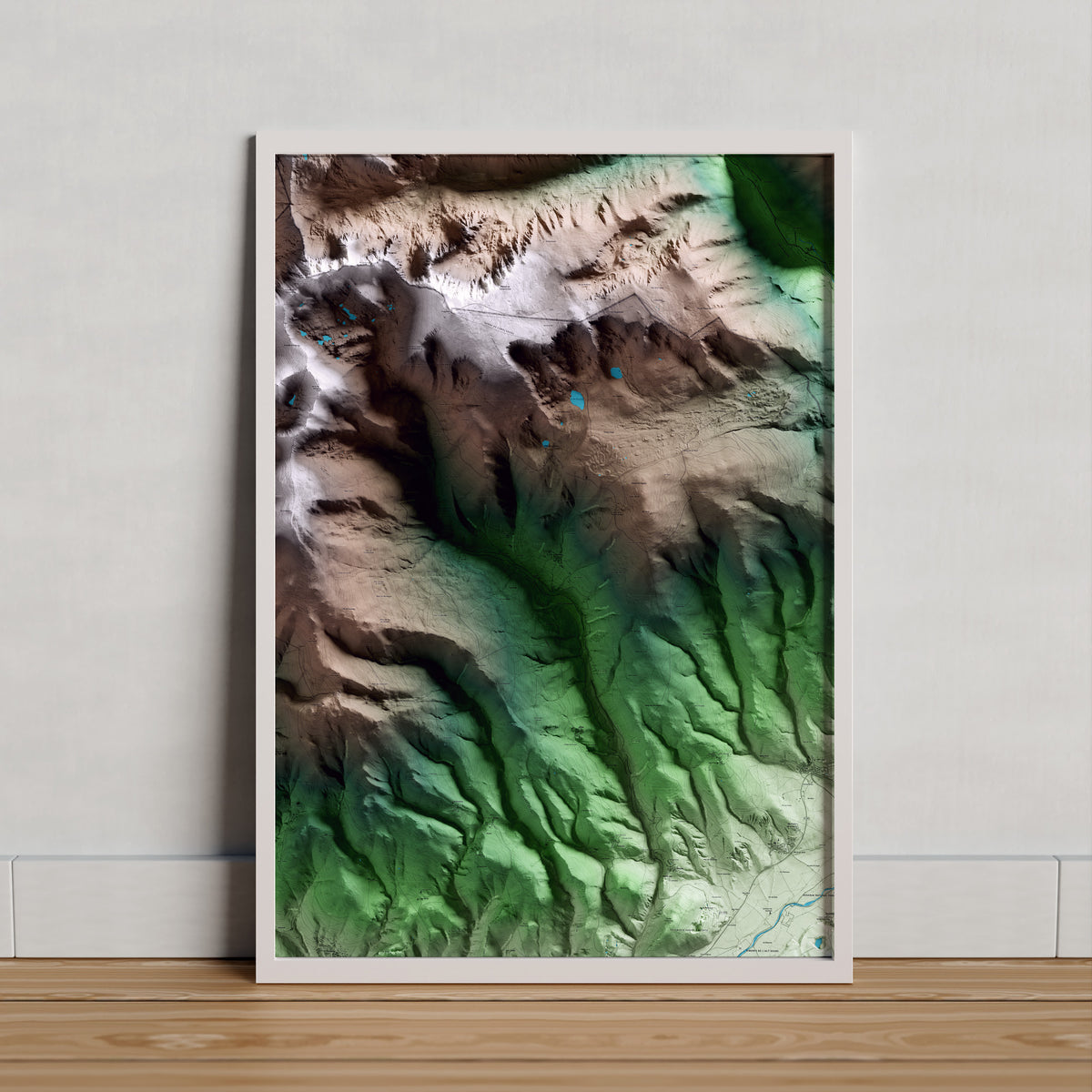 Mapa artístico del relieve de Meranges, a la Cerdanya, con 15 km de entorno y base topográfica ICGC. Presentación enmarcada.