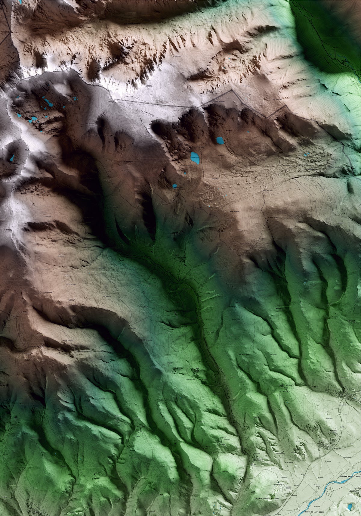 Mapa artístico del relieve de Meranges, a la Cerdanya, con 15 km de entorno y base topográfica ICGC