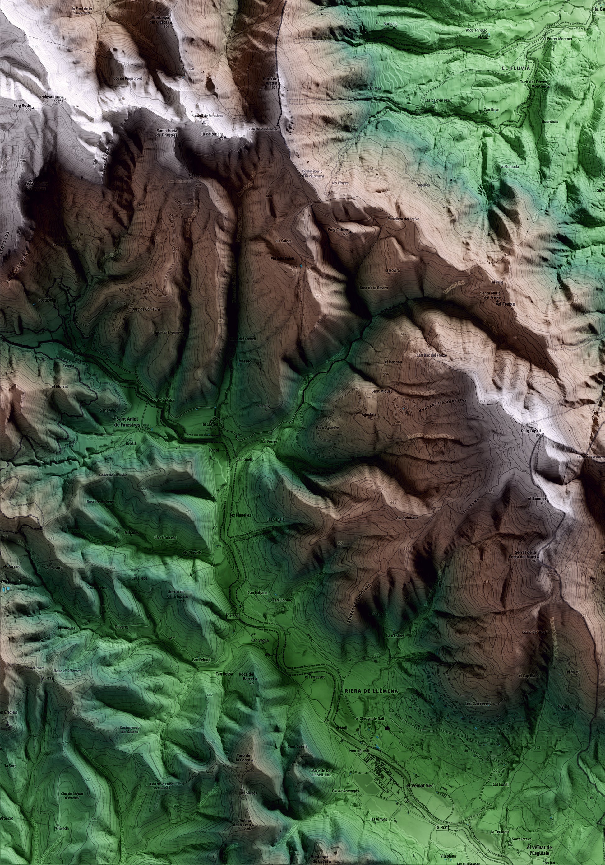 Mapa artístico del relieve de Mieres, a la Garrotxa, con 15 km de entorno y base topográfica ICGC. Detalle de la zona inferior izquierda.
