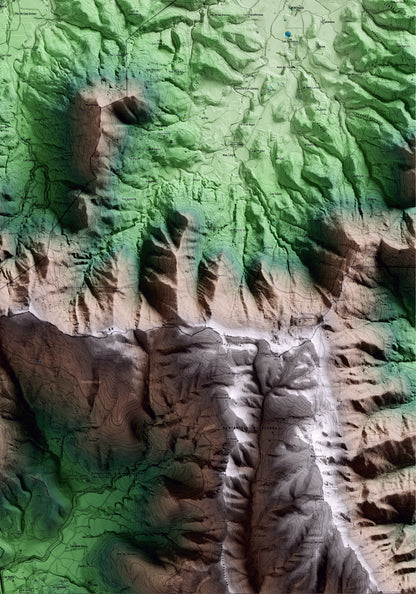 Mapa artístico del relieve de Mieres, a la Garrotxa, con 15 km de entorno y base topográfica ICGC. Detalle de la zona inferior derecha.