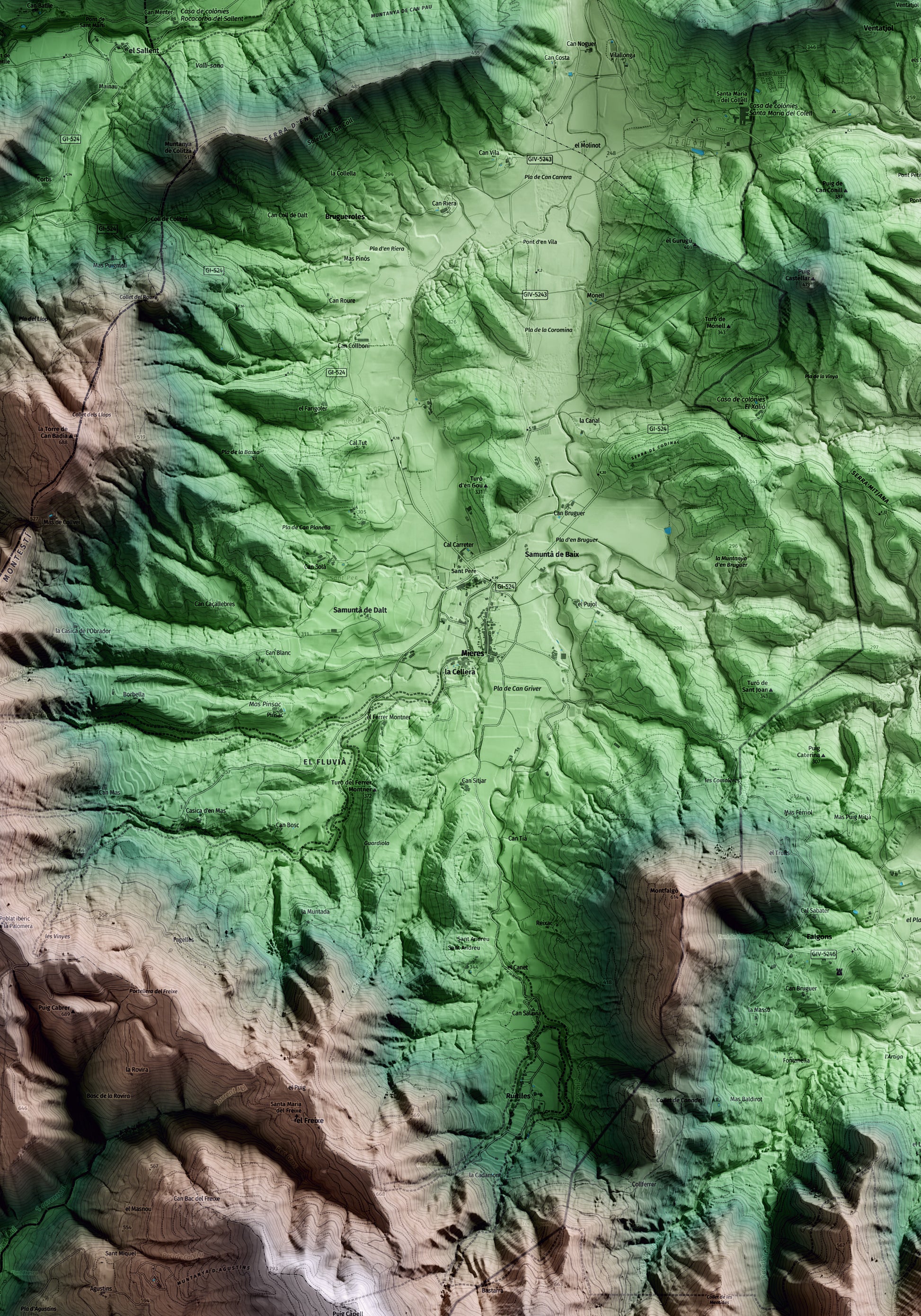 Mapa artístico del relieve de Mieres, a la Garrotxa, con 15 km de entorno y base topográfica ICGC. Detalle de la zona central.