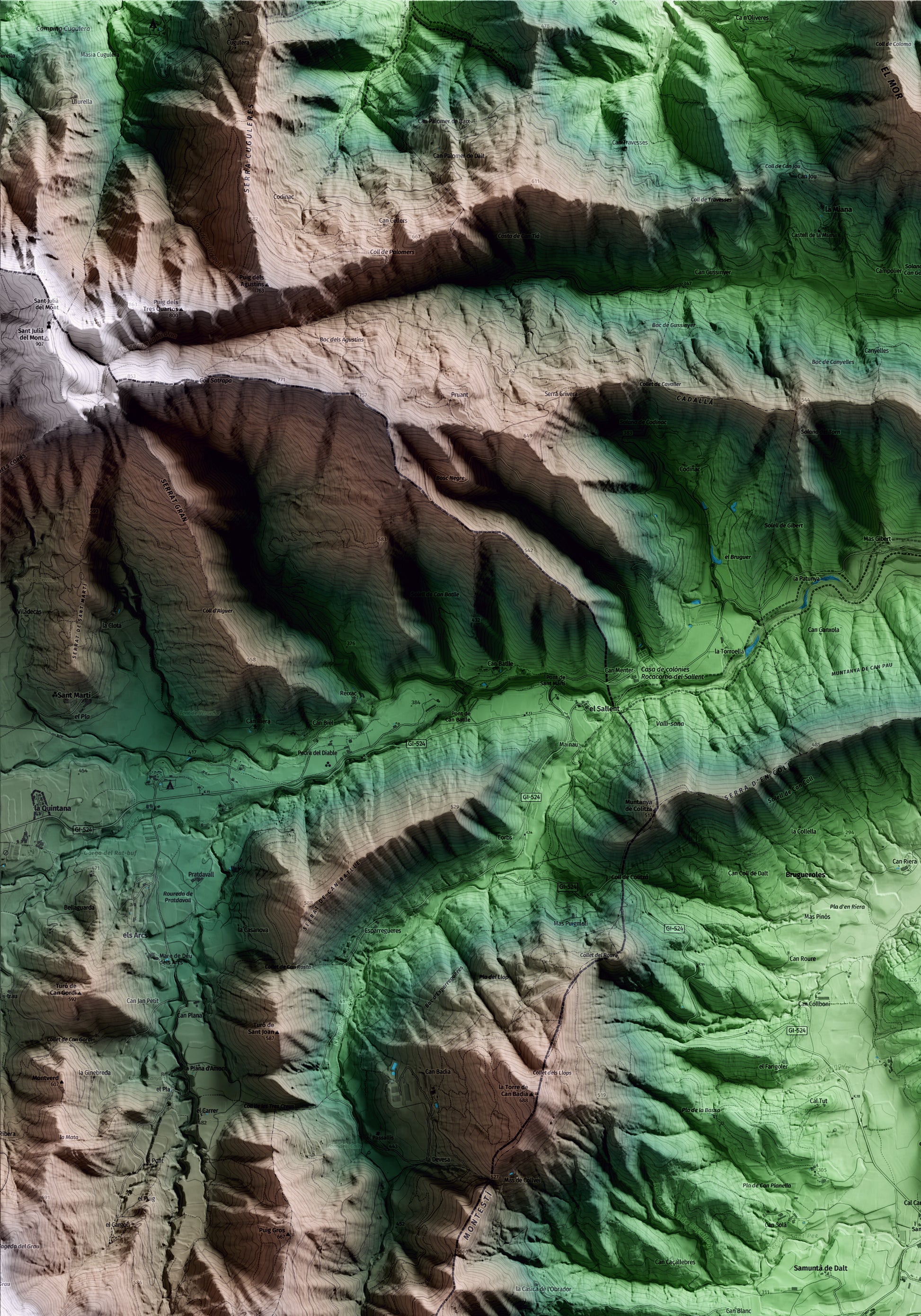 Mapa artístico del relieve de Mieres, a la Garrotxa, con 15 km de entorno y base topográfica ICGC. Detalle de la zona superior izquierda.