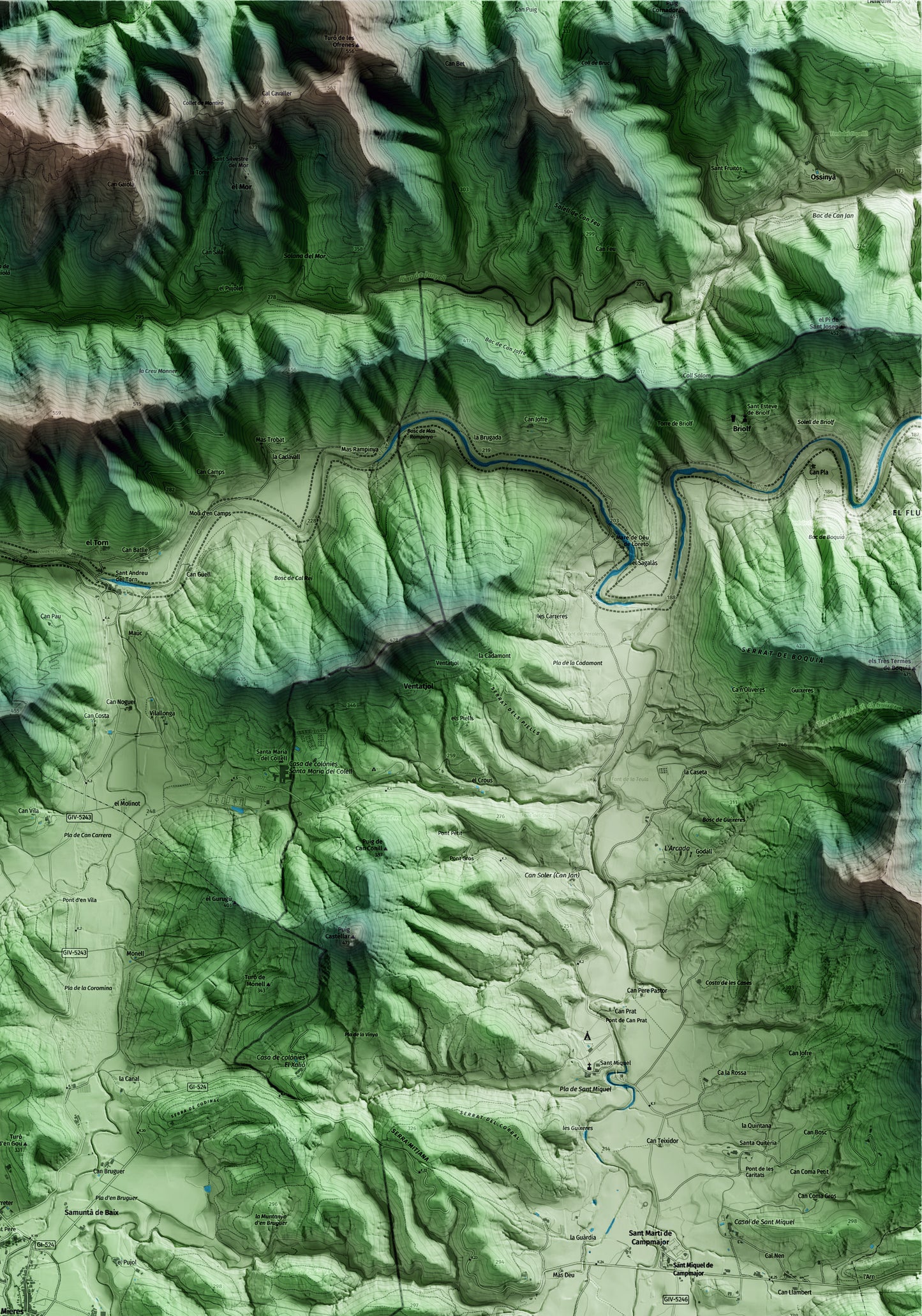 Mapa artístico del relieve de Mieres, a la Garrotxa, con 15 km de entorno y base topográfica ICGC. Detalle de la zona superior derecha.