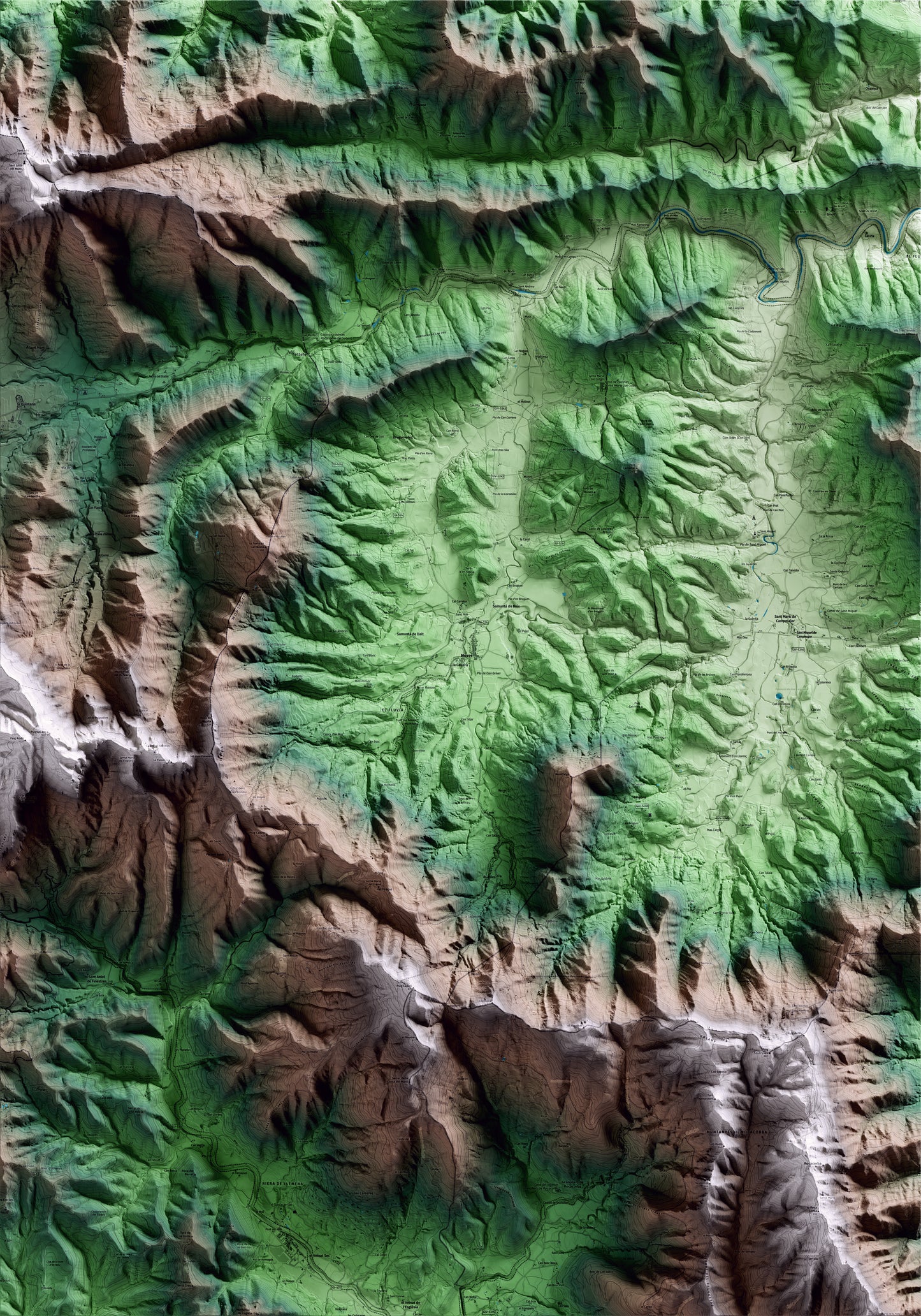 Mapa artístico del relieve de Mieres, a la Garrotxa, con 15 km de entorno y base topográfica ICGC