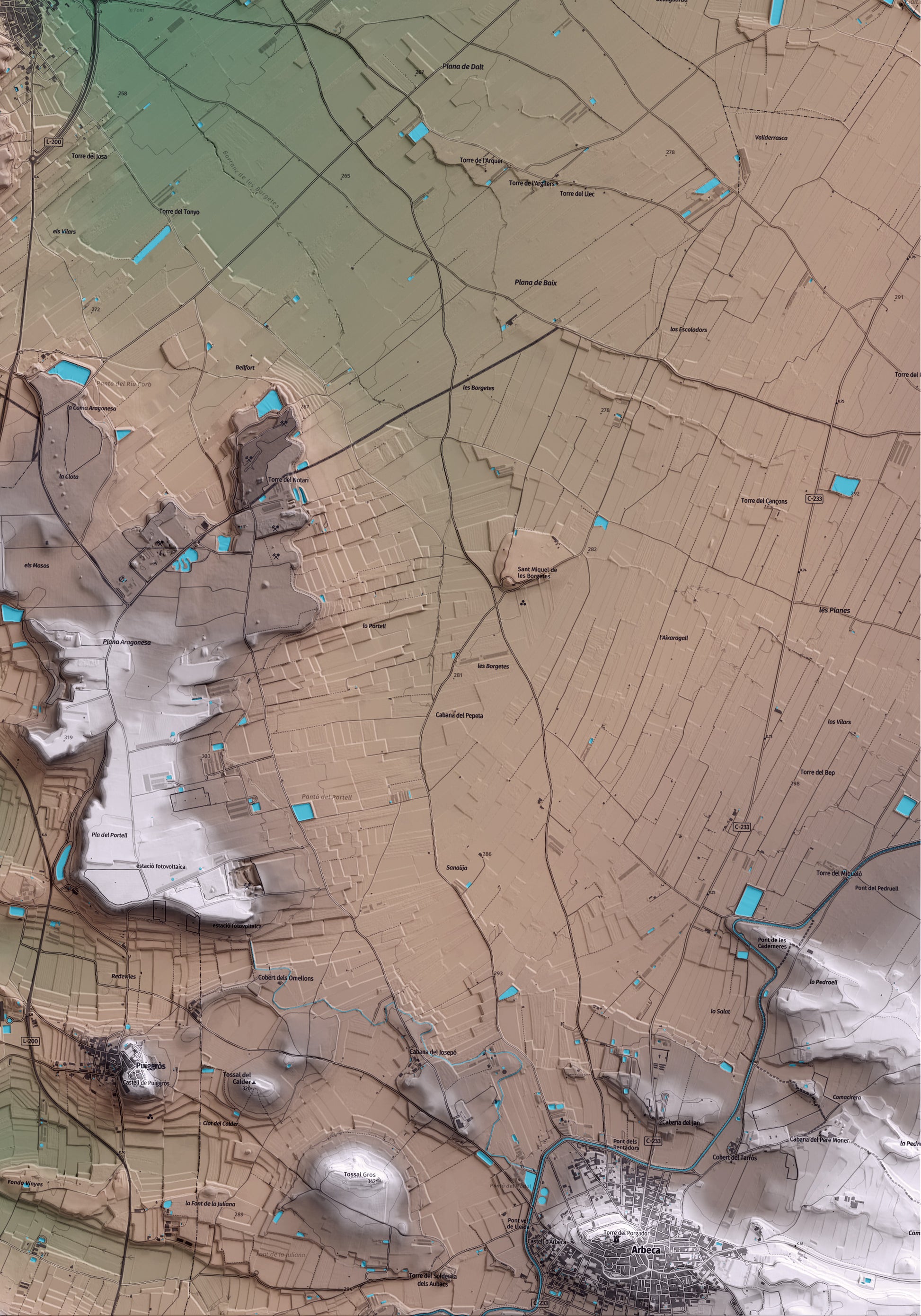 Mapa artístico del relieve de Miralcamp, en el Pla d'Urgell, con 15 km de entorno y base topográfica ICGC. Detalle de la zona inferior derecha.