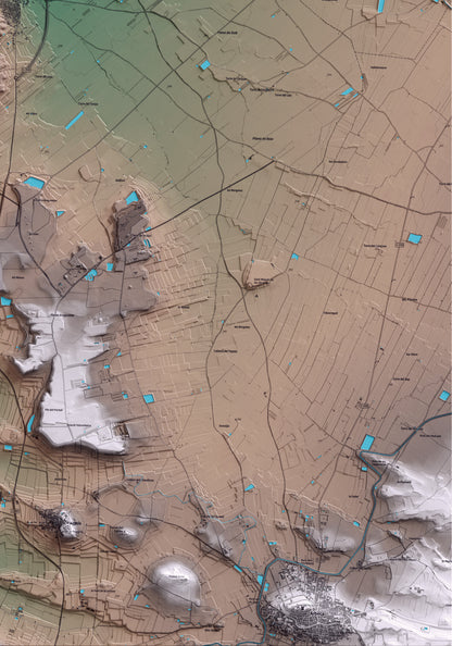 Mapa artístico del relieve de Miralcamp, en el Pla d'Urgell, con 15 km de entorno y base topográfica ICGC. Detalle de la zona inferior derecha.