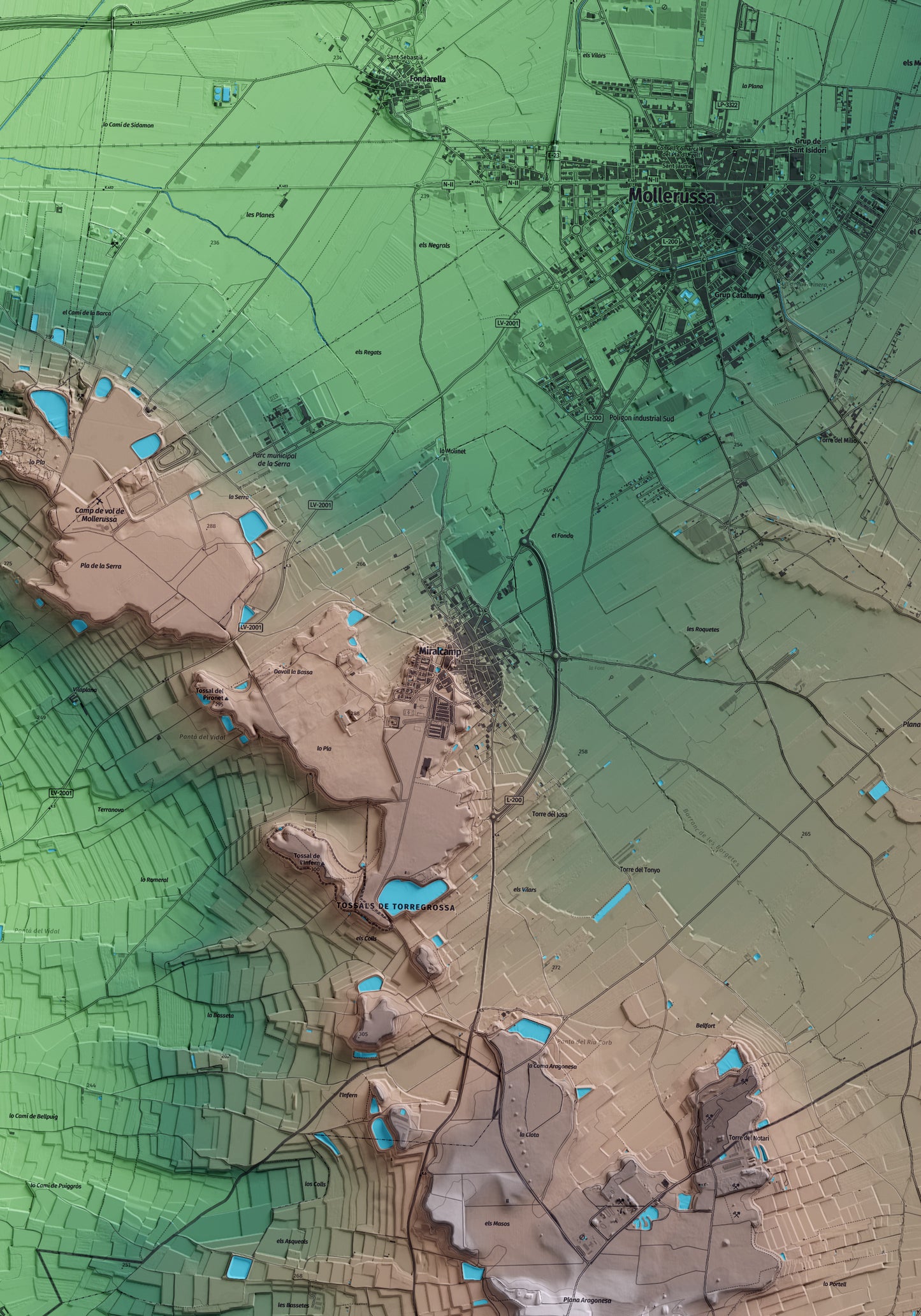 Mapa artístico del relieve de Miralcamp, en el Pla d'Urgell, con 15 km de entorno y base topográfica ICGC. Detalle de la zona central.