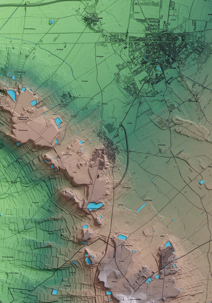 Mapa artístico del relieve de Miralcamp, en el Pla d'Urgell, con 15 km de entorno y base topográfica ICGC. Detalle de la zona central.