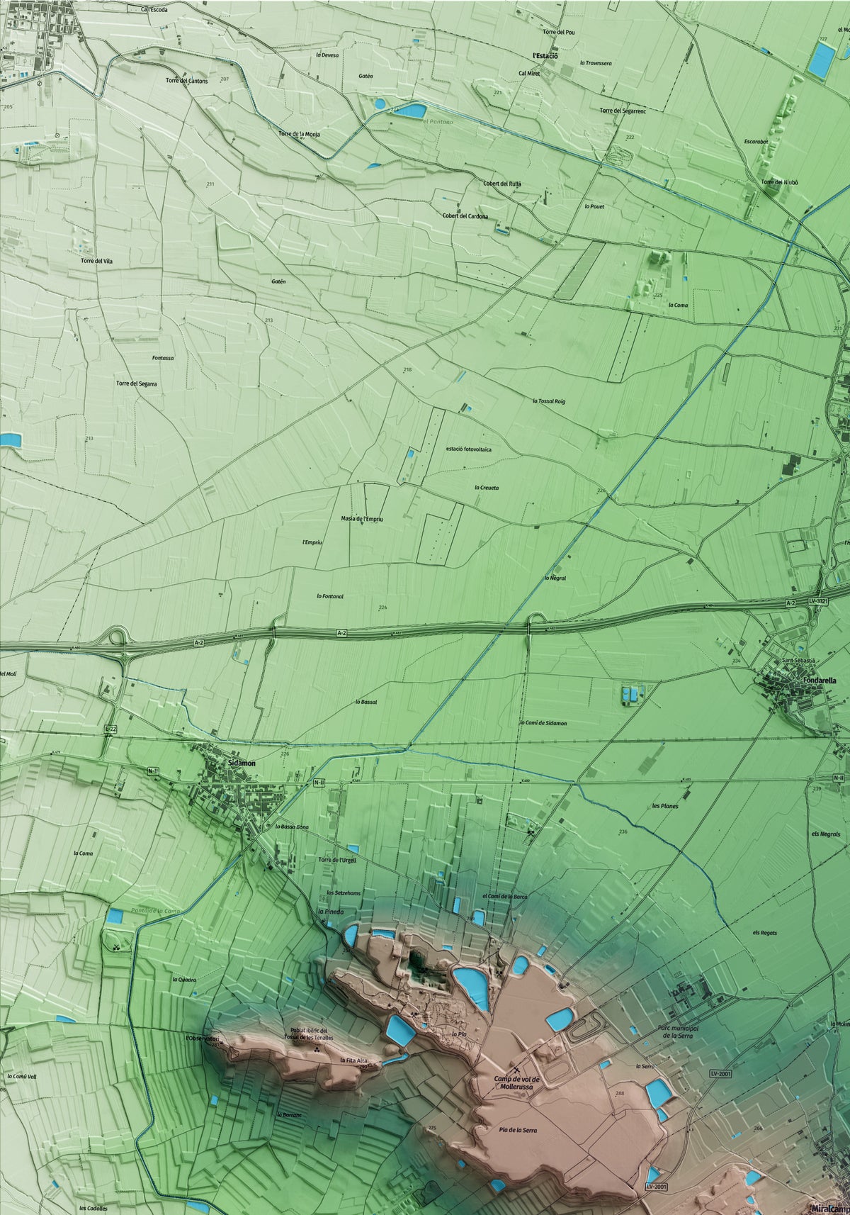 Mapa artístico del relieve de Miralcamp, en el Pla d'Urgell, con 15 km de entorno y base topográfica ICGC. Detalle de la zona superior izquierda.