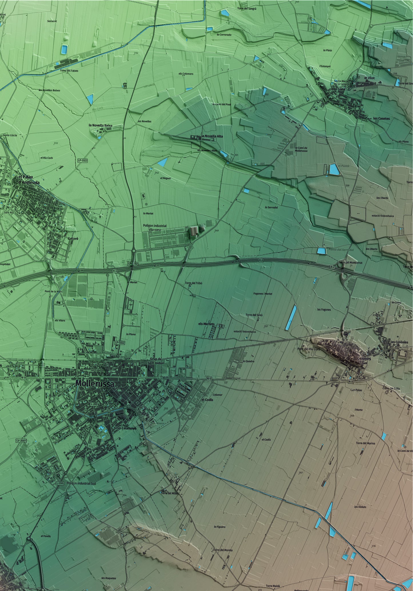 Mapa artístico del relieve de Miralcamp, en el Pla d'Urgell, con 15 km de entorno y base topográfica ICGC. Detalle de la zona superior derecha.