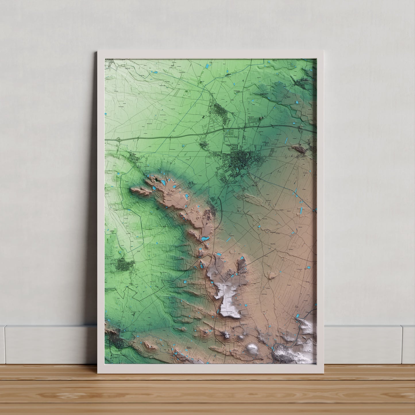 Mapa artístico del relieve de Miralcamp, en el Pla d'Urgell, con 15 km de entorno y base topográfica ICGC. Presentación enmarcada.