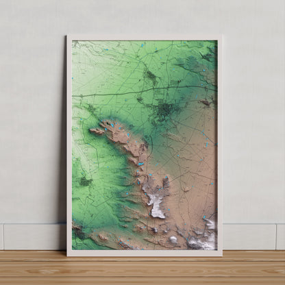 Mapa artístico del relieve de Miralcamp, en el Pla d'Urgell, con 15 km de entorno y base topográfica ICGC. Presentación enmarcada.