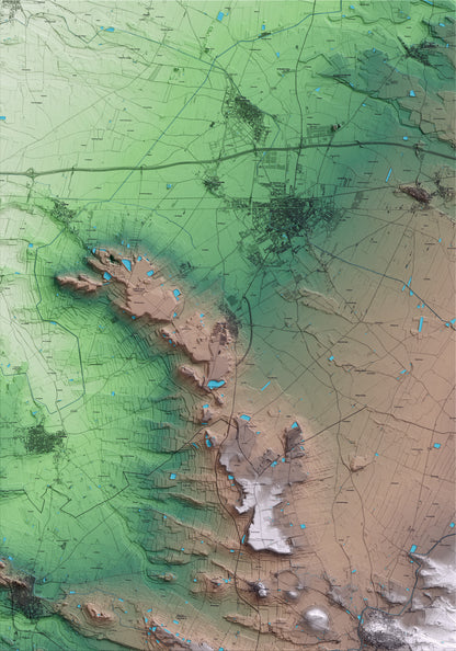 Mapa artístico del relieve de Miralcamp, en el Pla d'Urgell, con 15 km de entorno y base topográfica ICGC
