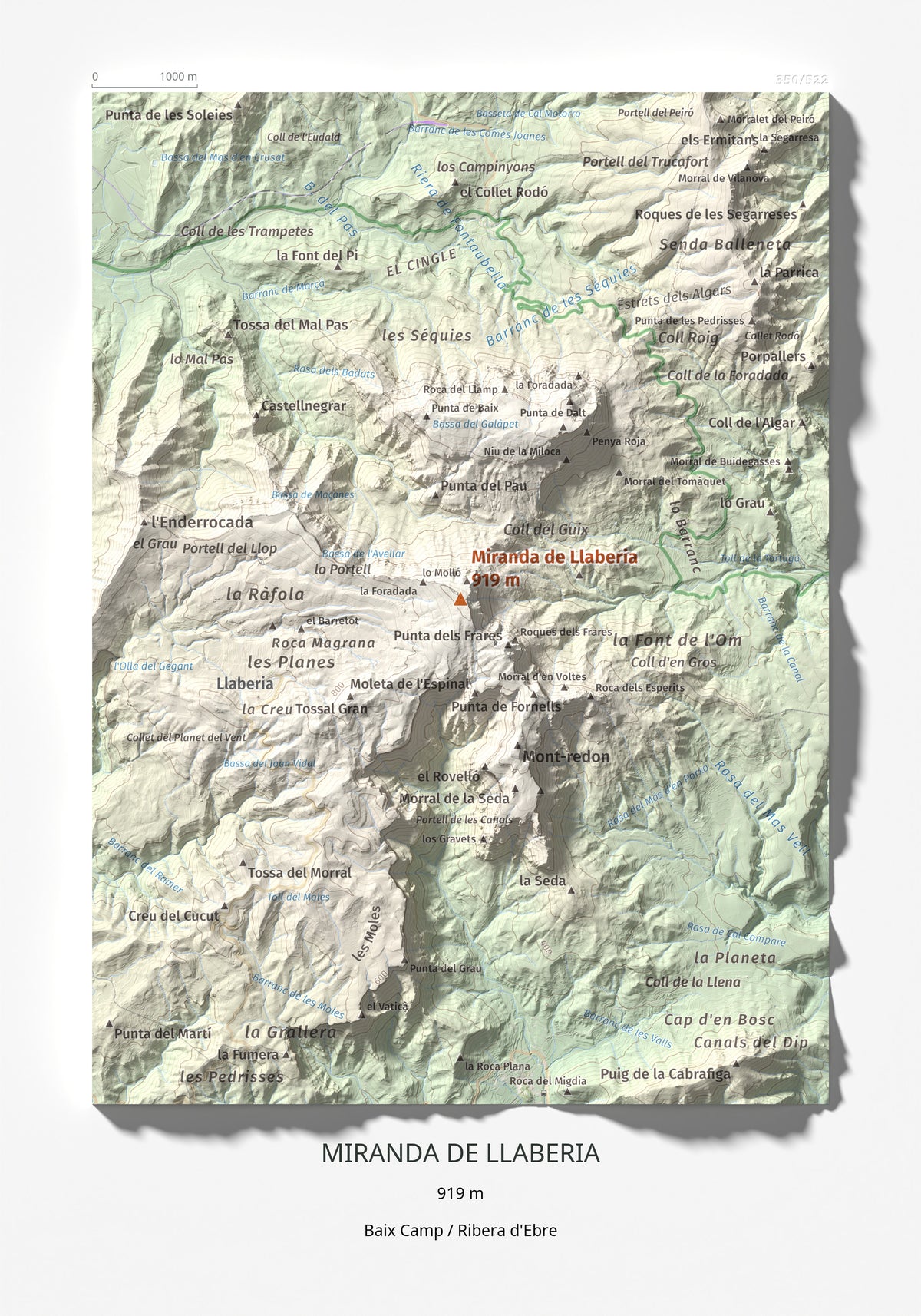 Mapa de relieve de Miranda de Llaberia, 919 m, Baix Camp · Ribera d'Ebre, lámina 100 Cims de Trobart 21 × 30 cm.