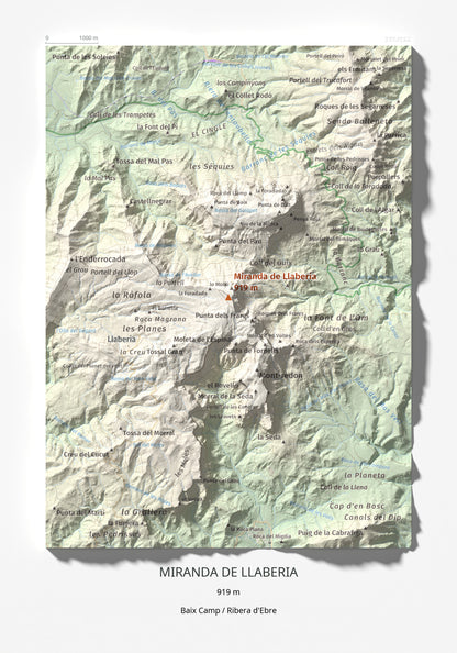 Mapa de relieve de Miranda de Llaberia, 919 m, Baix Camp · Ribera d'Ebre, lámina 100 Cims de Trobart 21 × 30 cm.