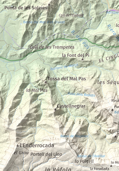 Mapa de relieve de Miranda de Llaberia, 919 m, Baix Camp · Ribera d'Ebre, lámina 100 Cims de Trobart. Detalle de la zona superior izquierda. 21 × 30 cm.