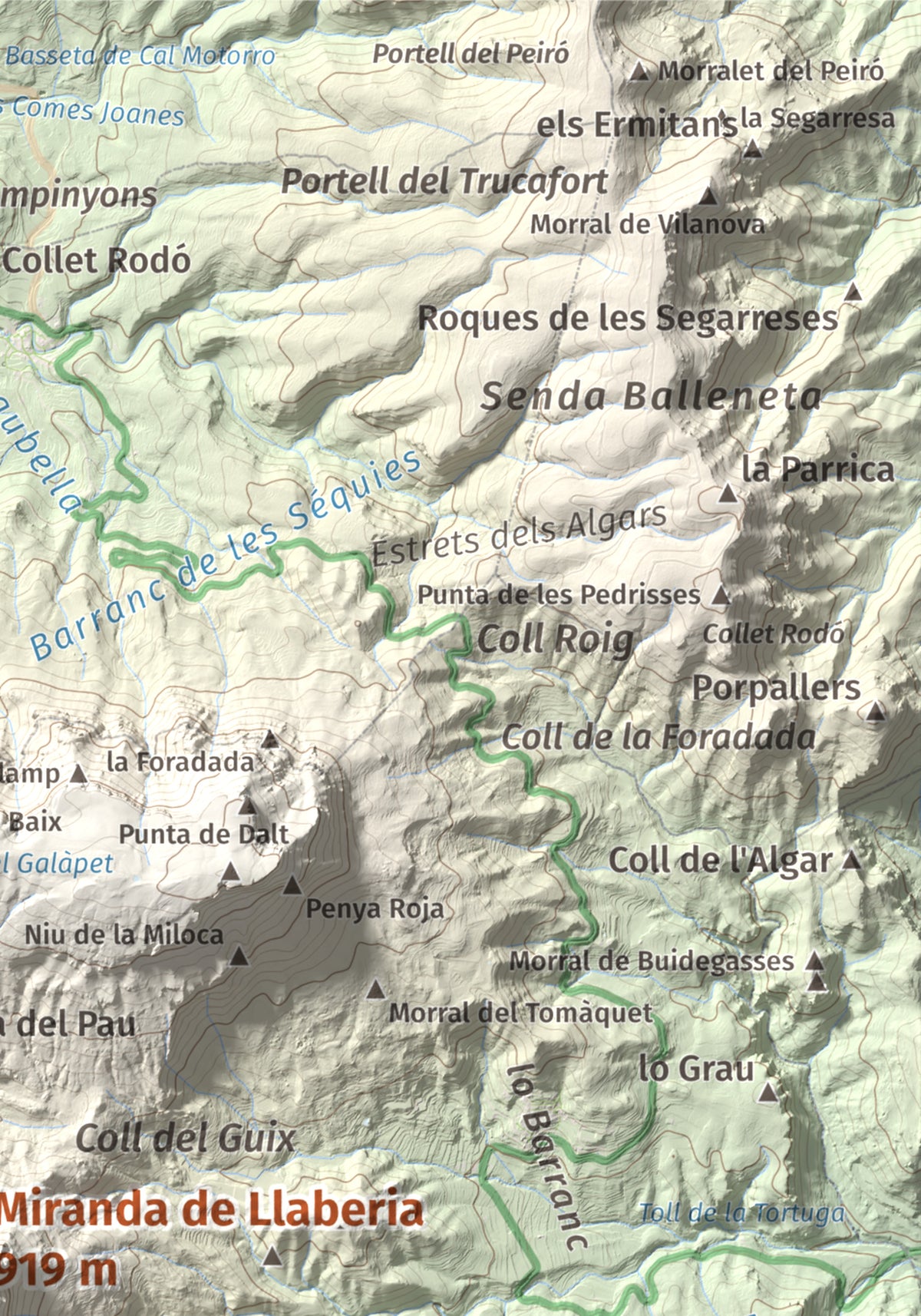 Mapa de relieve de Miranda de Llaberia, 919 m, Baix Camp · Ribera d'Ebre, lámina 100 Cims de Trobart. Detalle de la zona superior derecha. 21 × 30 cm.