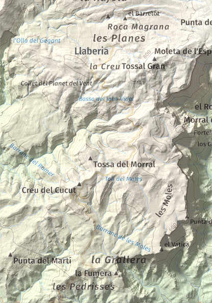 Mapa de relieve de Miranda de Llaberia, 919 m, Baix Camp · Ribera d'Ebre, lámina 100 Cims de Trobart. Detalle de la zona inferior izquierda. 21 × 30 cm.