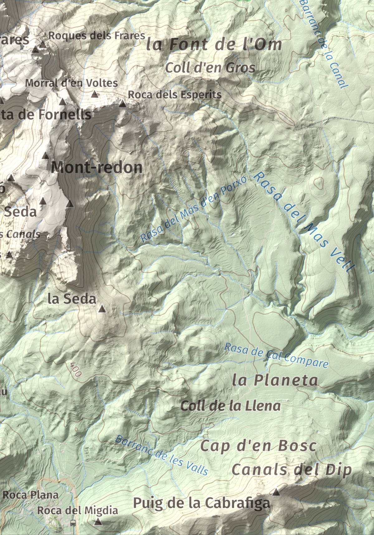 Mapa de relieve de Miranda de Llaberia, 919 m, Baix Camp · Ribera d'Ebre, lámina 100 Cims de Trobart. Detalle de la zona inferior derecha. 21 × 30 cm.
