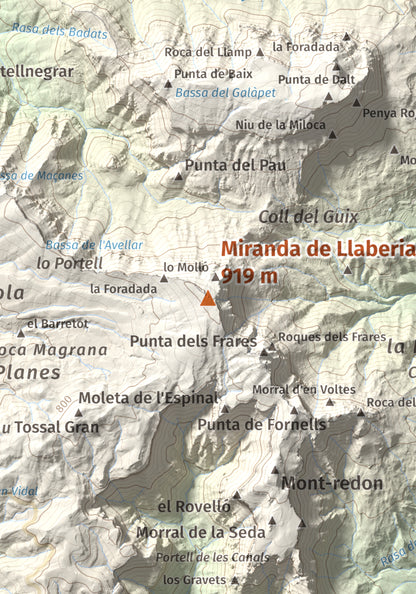 Mapa de relieve de Miranda de Llaberia, 919 m, Baix Camp · Ribera d'Ebre, lámina 100 Cims de Trobart. Detalle de la zona central. 21 × 30 cm.