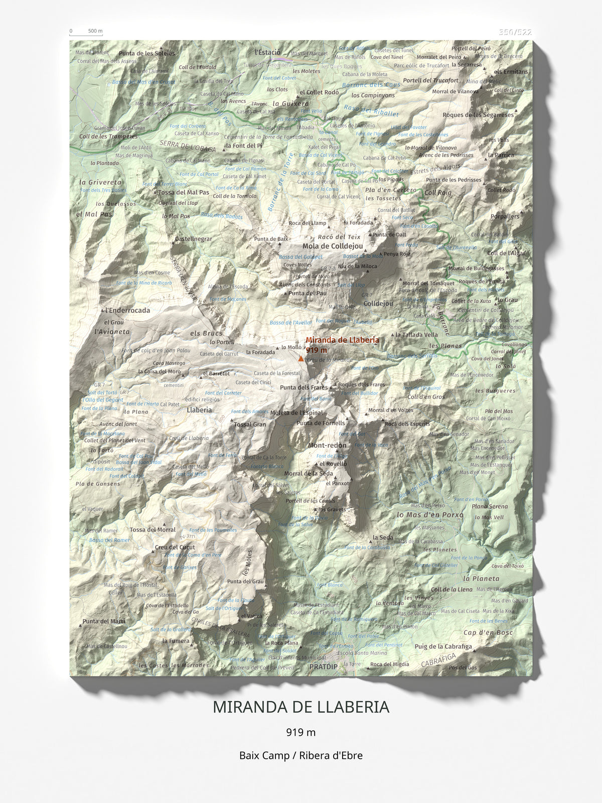 Mapa de relieve de Miranda de Llaberia, 919 m, Baix Camp · Ribera d'Ebre, lámina 100 Cims de Trobart 30 × 40 cm.