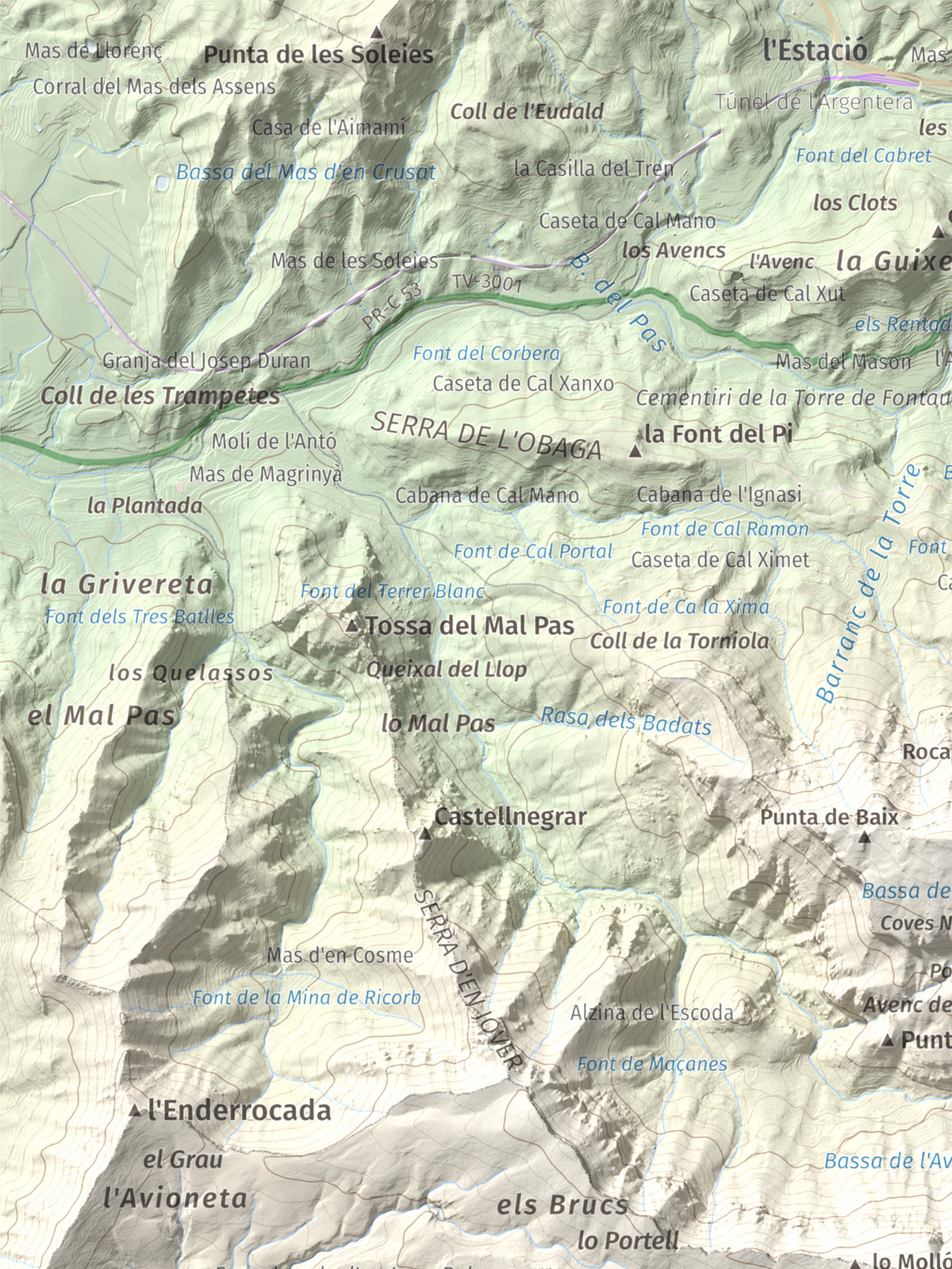 Mapa de relieve de Miranda de Llaberia, 919 m, Baix Camp · Ribera d'Ebre, lámina 100 Cims de Trobart. Detalle de la zona superior izquierda. 30 × 40 cm.