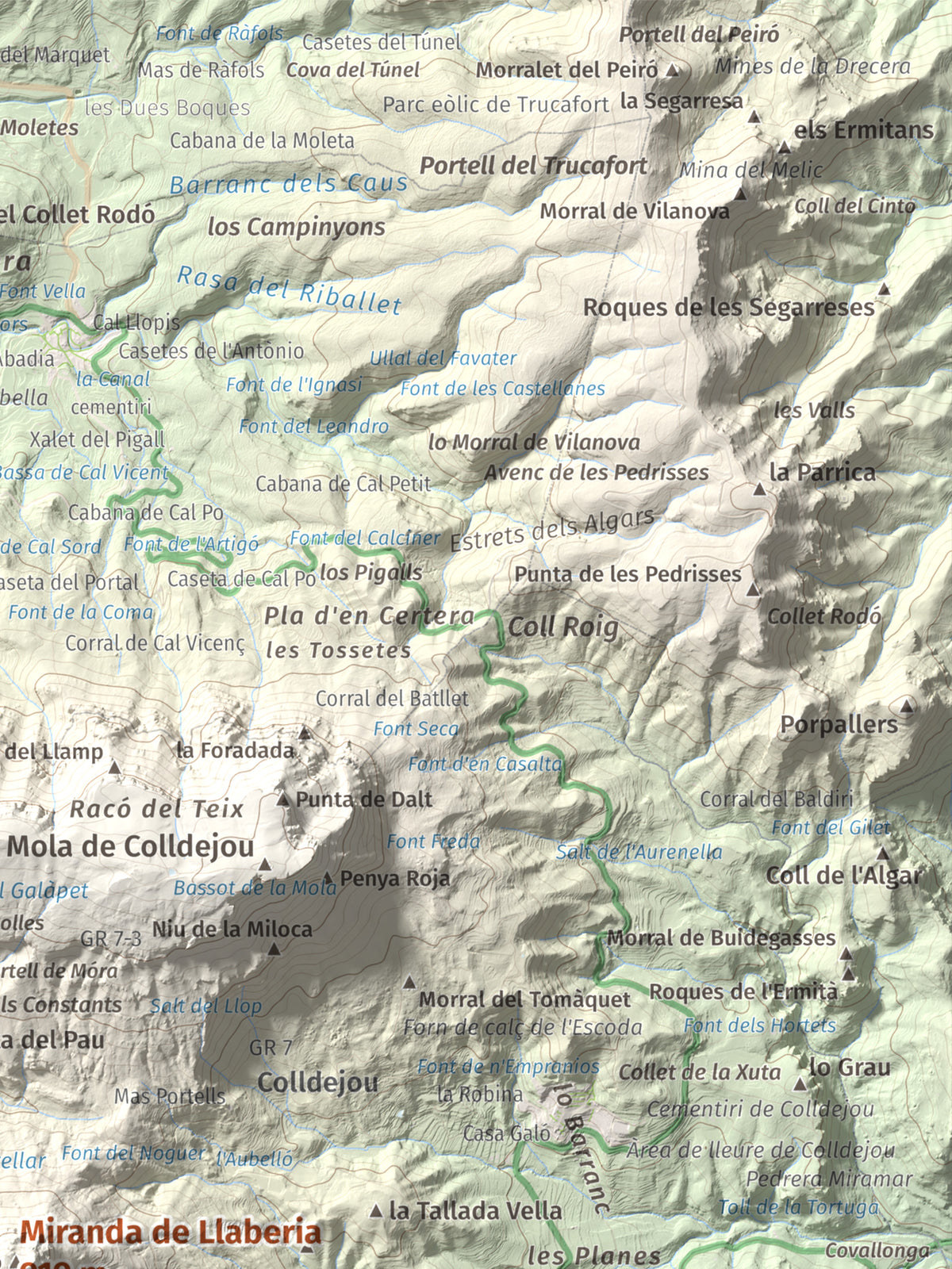 Mapa de relieve de Miranda de Llaberia, 919 m, Baix Camp · Ribera d'Ebre, lámina 100 Cims de Trobart. Detalle de la zona superior derecha. 30 × 40 cm.