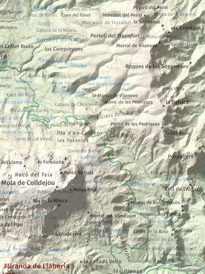Mapa de relieve de Miranda de Llaberia, 919 m, Baix Camp · Ribera d'Ebre, lámina 100 Cims de Trobart. Detalle de la zona superior derecha. 30 × 40 cm.