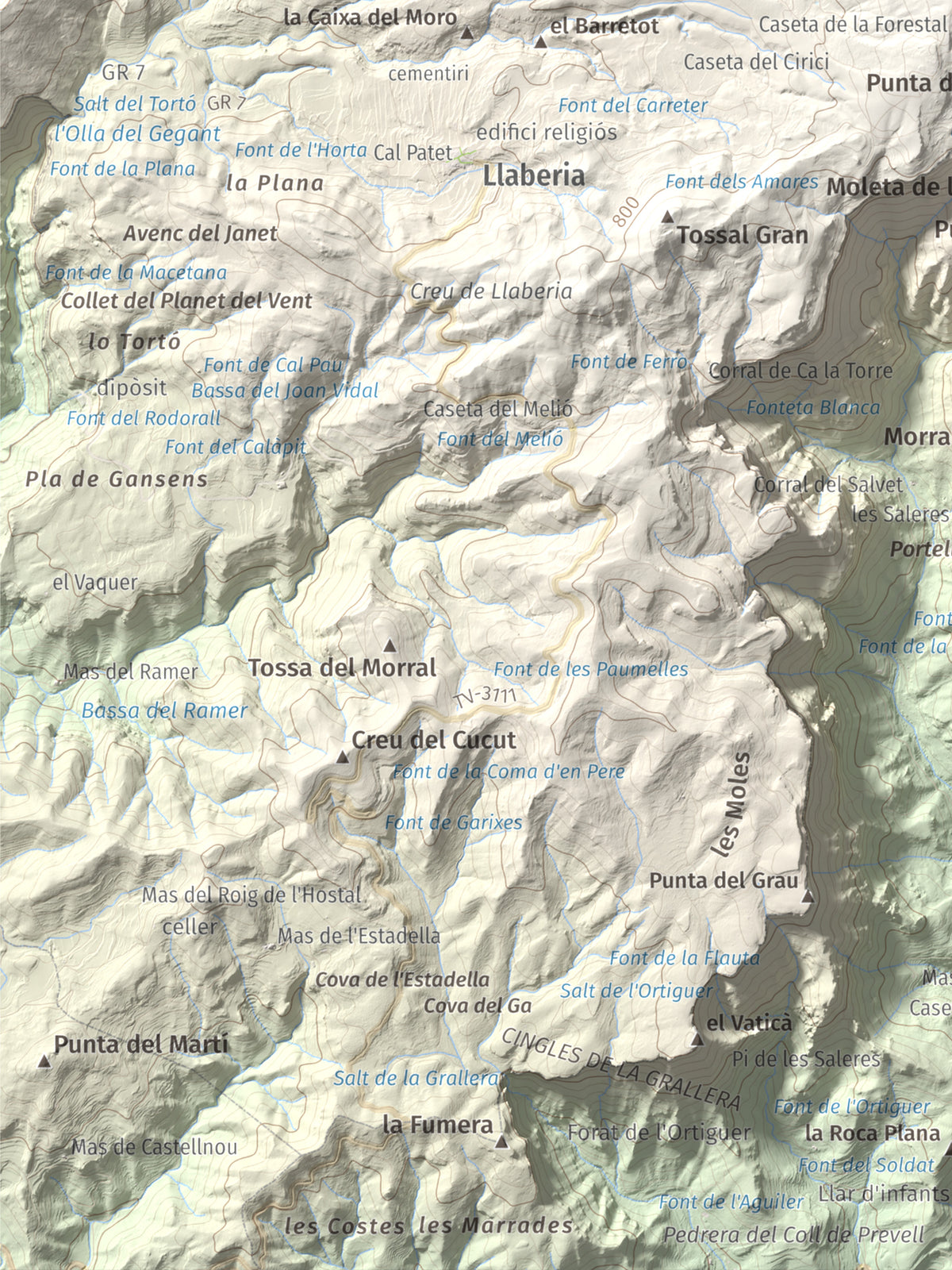 Mapa de relieve de Miranda de Llaberia, 919 m, Baix Camp · Ribera d'Ebre, lámina 100 Cims de Trobart. Detalle de la zona inferior izquierda. 30 × 40 cm.