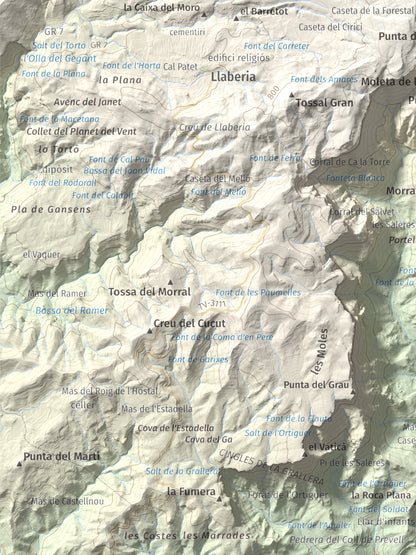 Mapa de relieve de Miranda de Llaberia, 919 m, Baix Camp · Ribera d'Ebre, lámina 100 Cims de Trobart. Detalle de la zona inferior izquierda. 30 × 40 cm.