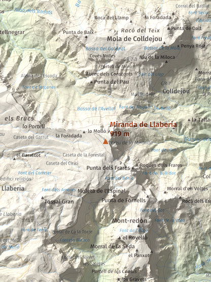 Mapa de relieve de Miranda de Llaberia, 919 m, Baix Camp · Ribera d'Ebre, lámina 100 Cims de Trobart. Detalle de la zona central. 30 × 40 cm.