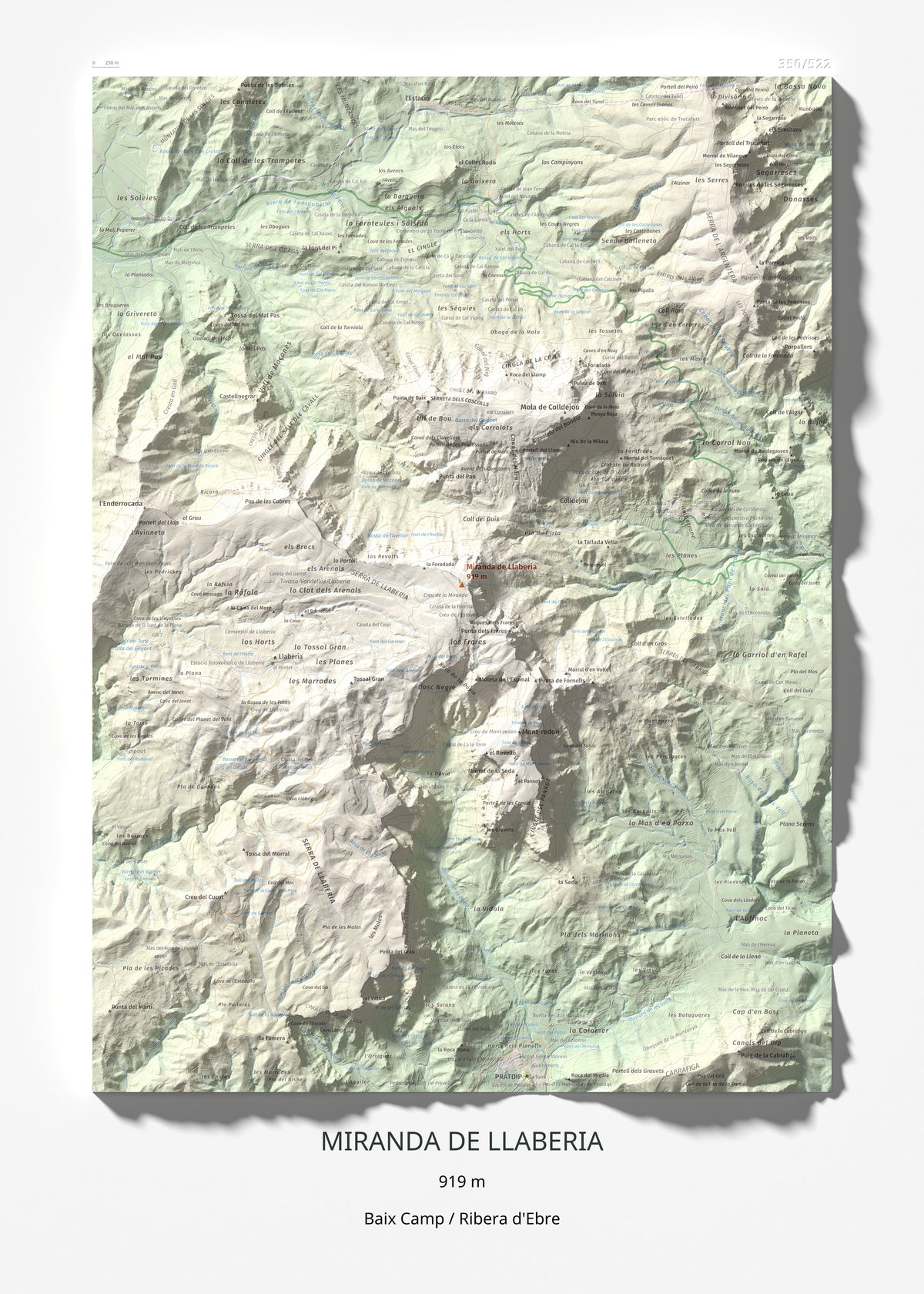Mapa de relieve de Miranda de Llaberia, 919 m, Baix Camp · Ribera d'Ebre, lámina 100 Cims de Trobart 50 × 70 cm.