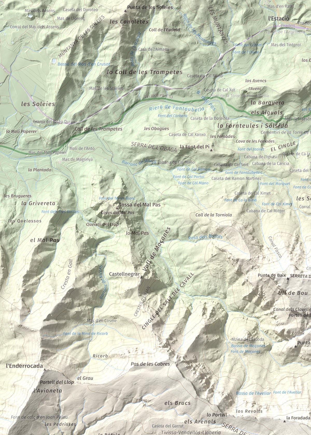 Mapa de relieve de Miranda de Llaberia, 919 m, Baix Camp · Ribera d'Ebre, lámina 100 Cims de Trobart. Detalle de la zona superior izquierda. 50 × 70 cm.