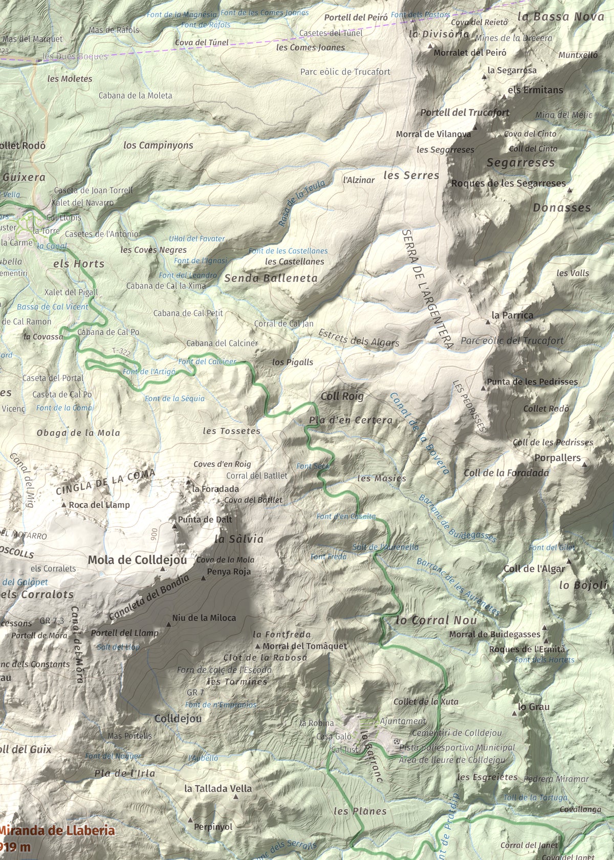 Mapa de relieve de Miranda de Llaberia, 919 m, Baix Camp · Ribera d'Ebre, lámina 100 Cims de Trobart. Detalle de la zona superior derecha. 50 × 70 cm.