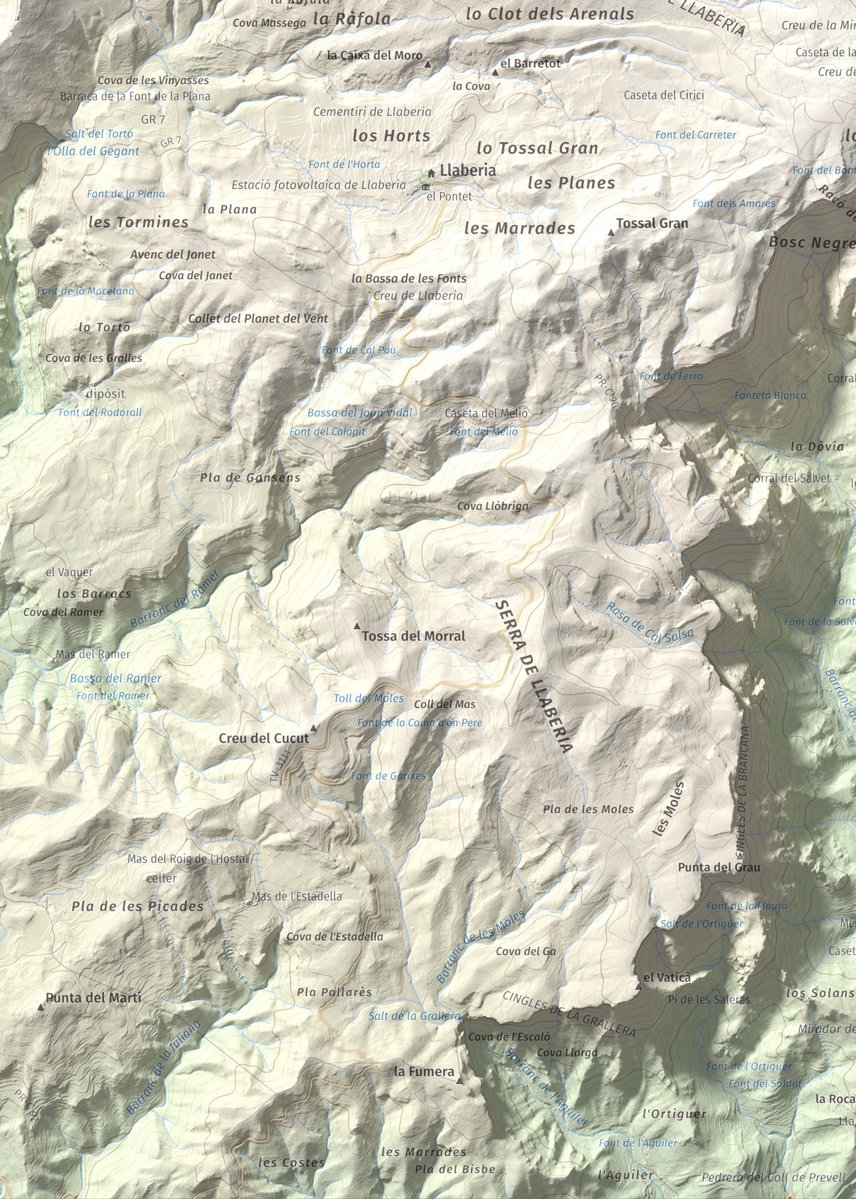 Mapa de relieve de Miranda de Llaberia, 919 m, Baix Camp · Ribera d'Ebre, lámina 100 Cims de Trobart. Detalle de la zona inferior izquierda. 50 × 70 cm.