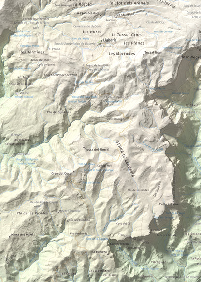 Mapa de relieve de Miranda de Llaberia, 919 m, Baix Camp · Ribera d'Ebre, lámina 100 Cims de Trobart. Detalle de la zona inferior izquierda. 50 × 70 cm.