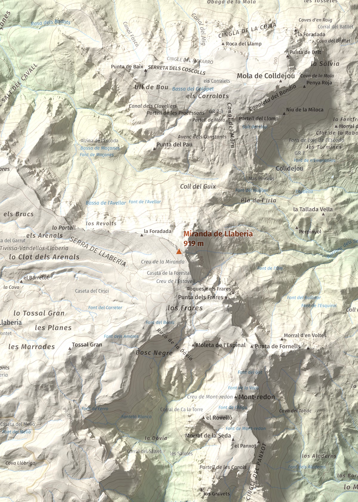 Mapa de relieve de Miranda de Llaberia, 919 m, Baix Camp · Ribera d'Ebre, lámina 100 Cims de Trobart. Detalle de la zona central. 50 × 70 cm.