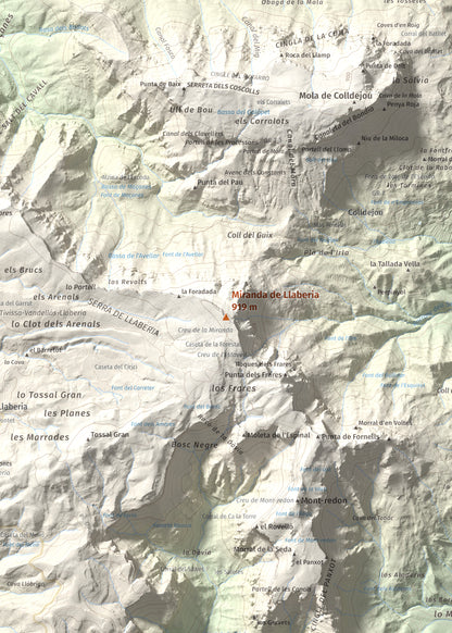 Mapa de relieve de Miranda de Llaberia, 919 m, Baix Camp · Ribera d'Ebre, lámina 100 Cims de Trobart. Detalle de la zona central. 50 × 70 cm.