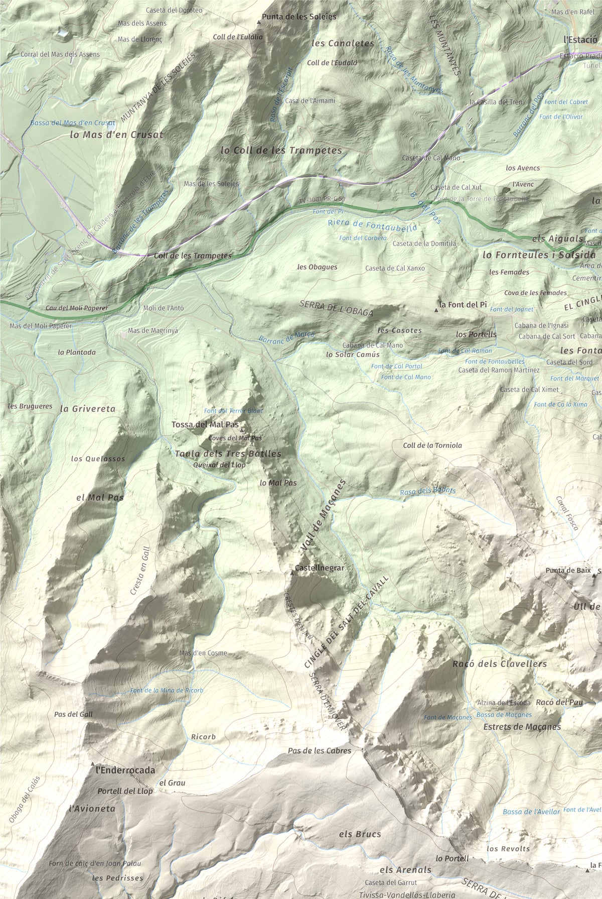 Mapa de relieve de Miranda de Llaberia, 919 m, Baix Camp · Ribera d'Ebre, lámina 100 Cims de Trobart. Detalle de la zona superior izquierda. 61 × 91 cm.