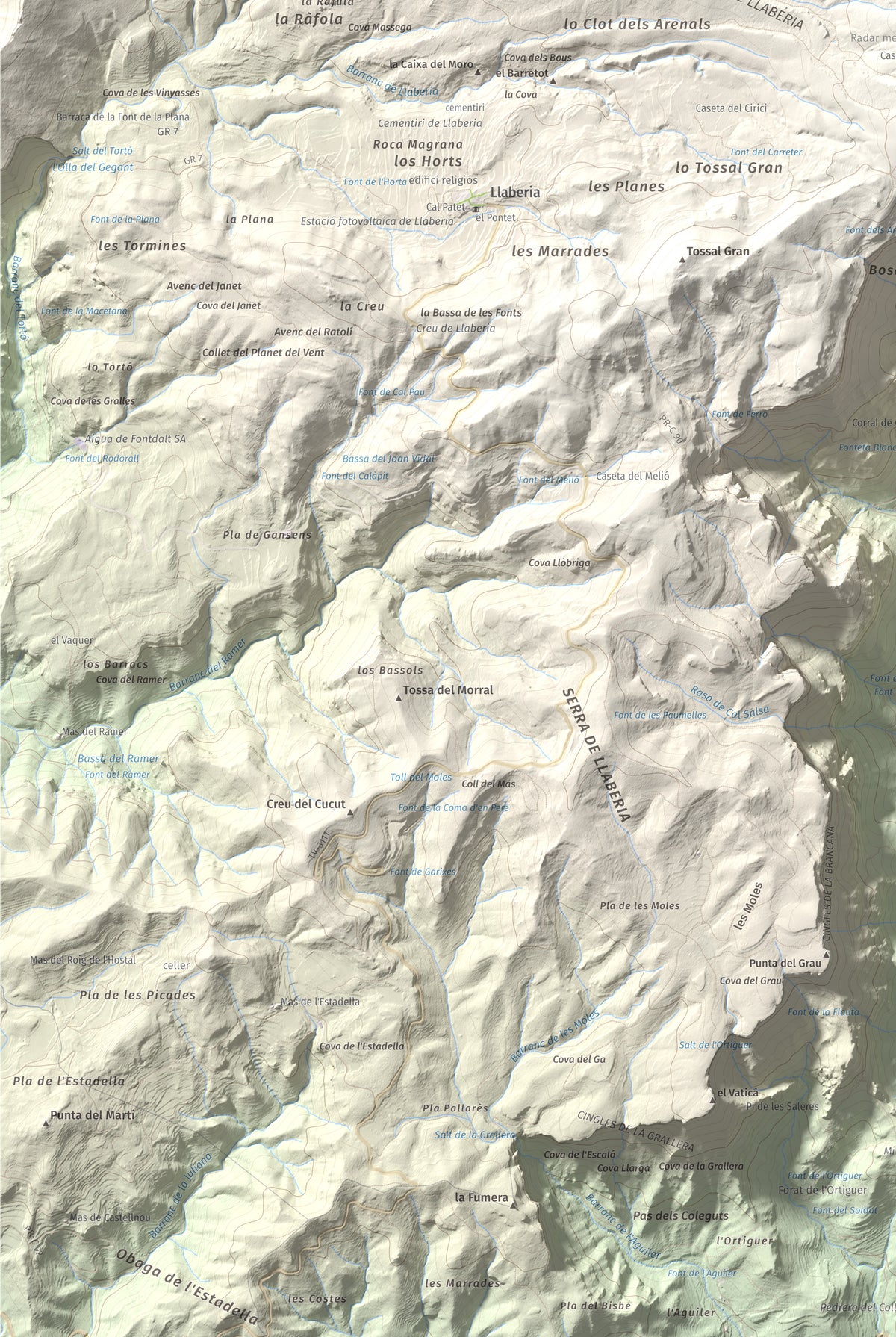 Mapa de relieve de Miranda de Llaberia, 919 m, Baix Camp · Ribera d'Ebre, lámina 100 Cims de Trobart. Detalle de la zona inferior izquierda. 61 × 91 cm.
