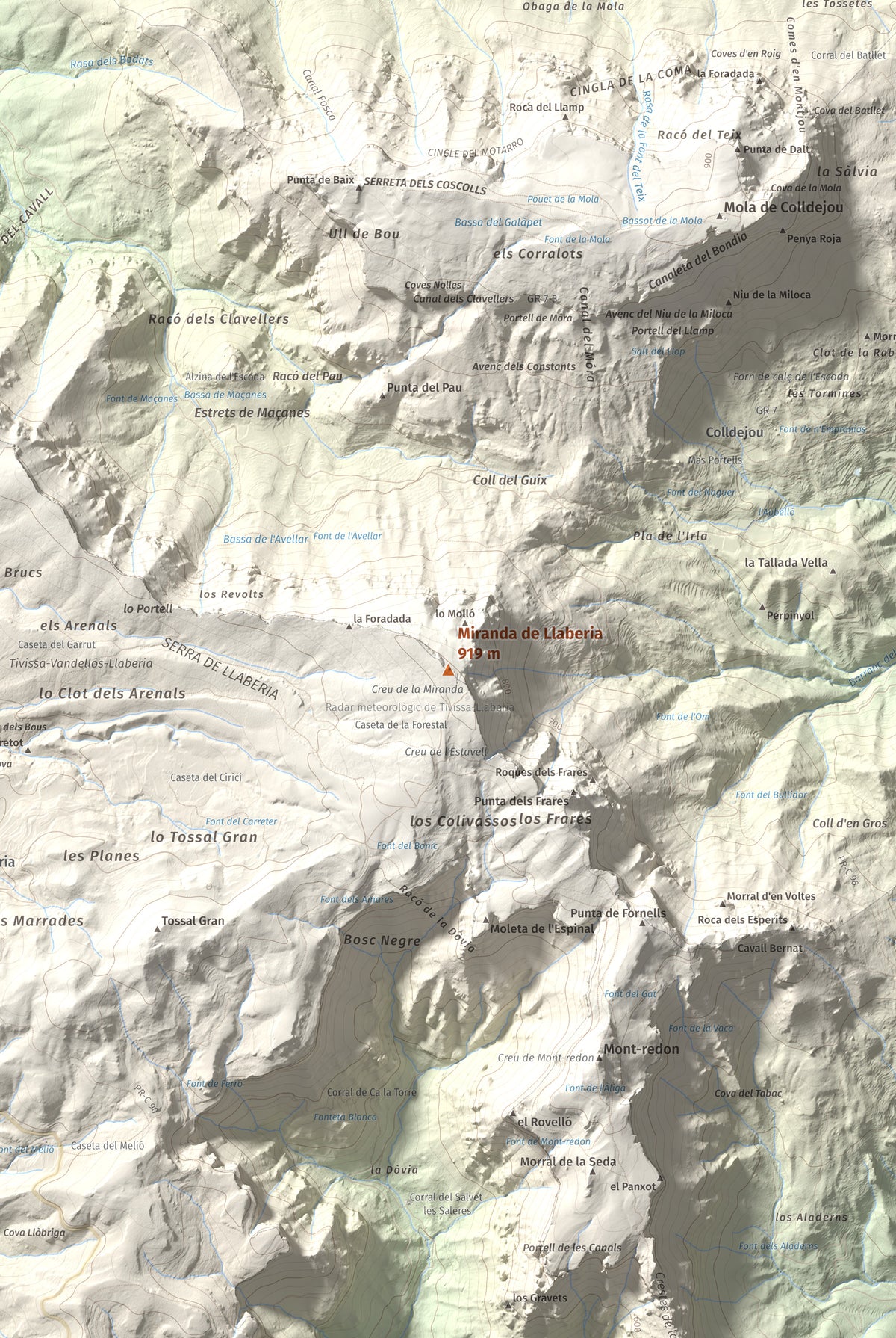 Mapa de relieve de Miranda de Llaberia, 919 m, Baix Camp · Ribera d'Ebre, lámina 100 Cims de Trobart. Detalle de la zona central. 61 × 91 cm.